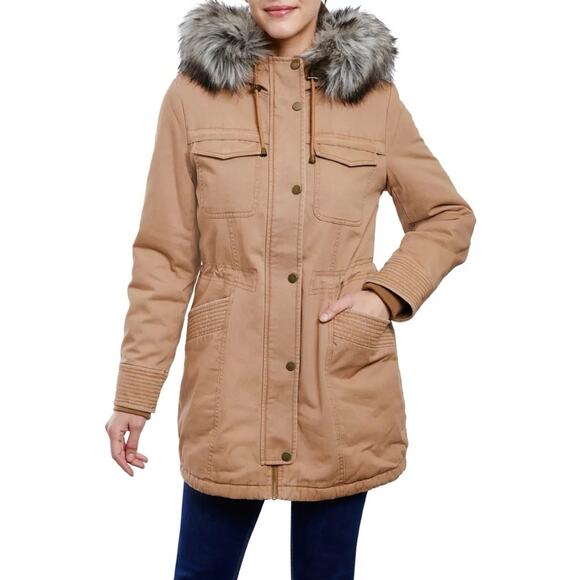 Lucky Brand Women's Khaki Twill Hooded Parka With Faux Fur Trim Size XL NEW